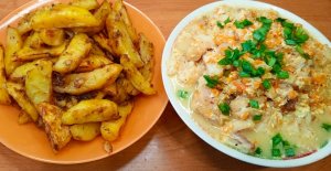 Вкусный ужин - Картошка по деревенски, рыба тушеная на сковороде.