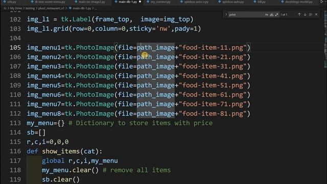 Restaurant Management script using Tkinter with product table from MySQL database for backend