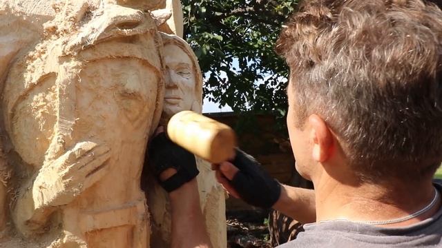 AMAZING CHAINSAW wood carving, Native American girl with horse and eagle