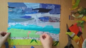 ПАННО -КАРТИНА ИЗ ЛОСКУТОВ ТКАНЕЙ/ ЛЕТО ДОМИКИ ГОЛУБОЕ НЕБО /РАСКЛАДКА лоскутков/ textile pizza (1)