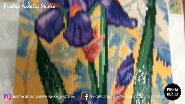 Stones mosaic embroidery picture “Nezhnie irisi”/ Handmade gift by Pushka Natalia