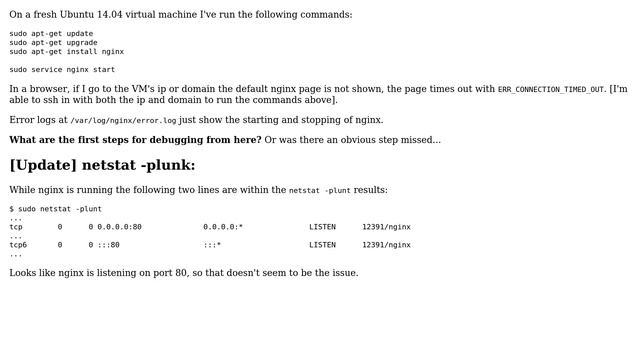 What are the first steps to debug nginx default page not showing on fresh Ubuntu vm install? смотреть онлайн
