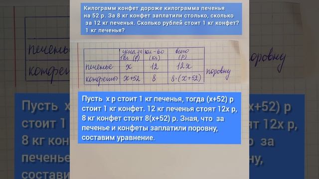 Килограмм конфет дороже килограмма печенья на 52р. За 8 кг конфет заплатили столько, сколько.....