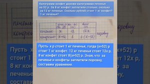 Килограмм конфет дороже килограмма печенья на 52р. За 8 кг конфет заплатили столько, сколько.....