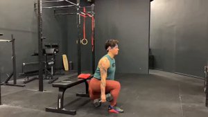 Болгарский сплит-присед с гантелями в руках внизу (озвучено)