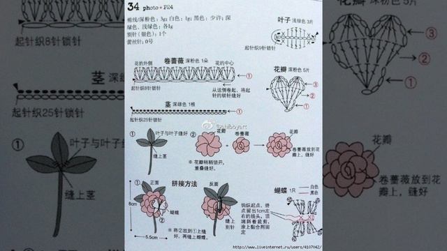 Роза брошь вязание крючком  МК  мастер класс в схемах.