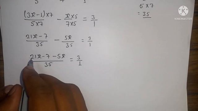 Solve the equation and also check your result          ( 3X - 1) /5 - X/7=3