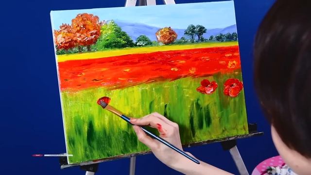 Summer landscape oil painting. Drawing to music. Painting of a poppy field смотреть онлайн
