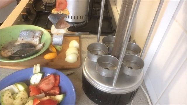 141. Шашлычки из рыбы с овощами в электрошашлычнице