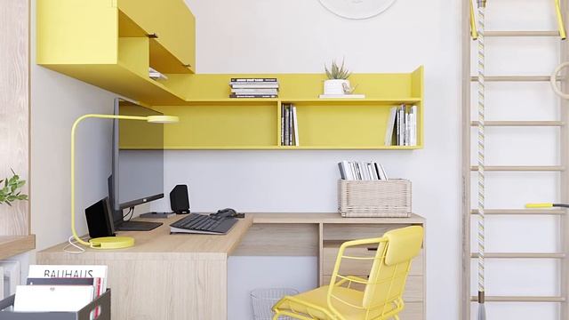 Солнечная детская комната с рабочим местом и вместительным шкафом. смотреть онлайн