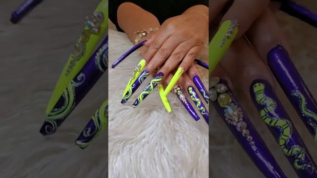 Purple and neon green Coffin  Long nails