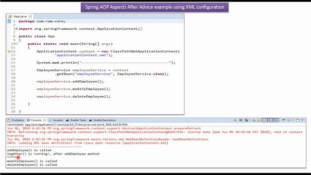 Spring AOP AspectJ After Advice example using XML configuration | Spring Tutorial