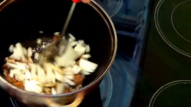 Картошка с мясом, жареная на сале.