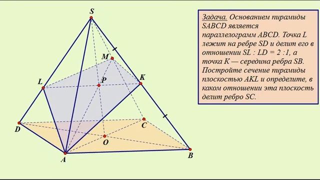 Четырёхугольная пирамида, в основании параллелограмм. Постройте сечение и определите отношение дли смотреть онлайн