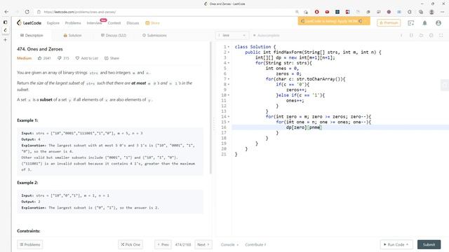 LeetCode 474 | Ones and Zeroes | Knapsack DP | Java смотреть онлайн