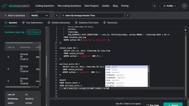 SQL Interview Problem Solving for Meta (Facebook) - Stratascratch-users-by-avg-session-time