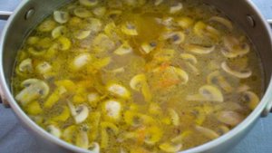 Густой рассольник с курицей и грибами