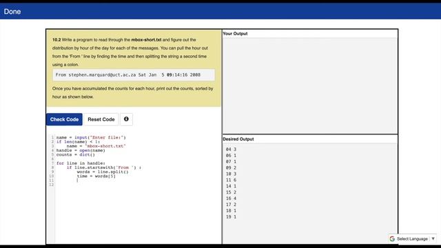 Python For Everybody Assignment 10.2 | distribution by hour | pull hour | split string | use colon