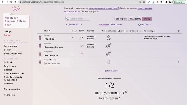 Рассадка гостей на свадьбу в онлайн сервисе wedding.planing