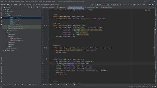 Create Android application to perform following operations on table Student (Sid,Sname ,phno).