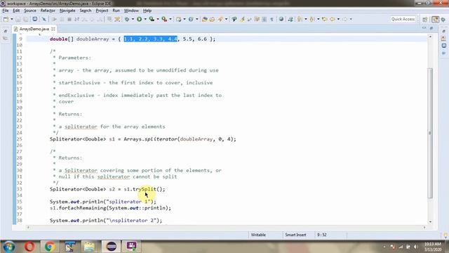 How to use spliterator(double[] array, int startInclusive, int endExclusive) method of Arrays Class