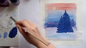 Зимняя опушка | Пошаговый пейзаж гуашью