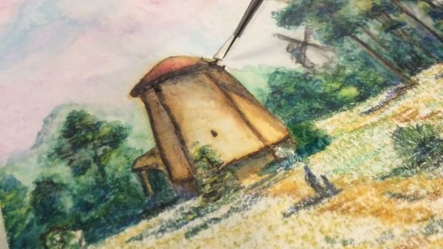 Пейзаж акварельными карандашами
