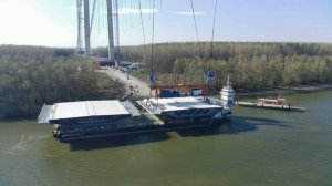 Suspended bridge on the Danube , Braila , Romania ; windy day