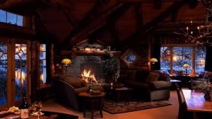 Уютное зимнее время. Падающий снег. Треск огня в камине.