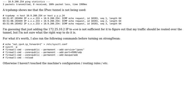Client packets not forwarded over strongSwan IPsec site-to-site tunnel for client and gateway on... смотреть онлайн