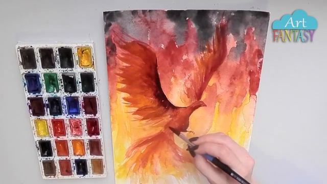 РИСУЕМ ОГНЕННОГО ФЕНИКСА (АКВАРЕЛЬ)