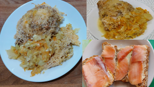 Куриное бедро на овощной подушке. И бутерброд с соленой форелью.