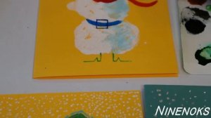 Новогодняя открытка со снеговиком. Монотипия.