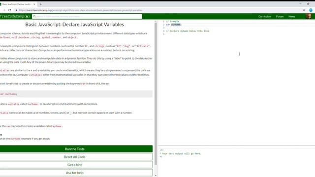 Basic JavaScript   Declare JavaScript Variables2/111Free Code Camp