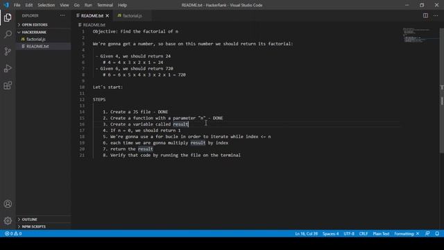 Factorial of n  - Javascript - HackerRanck