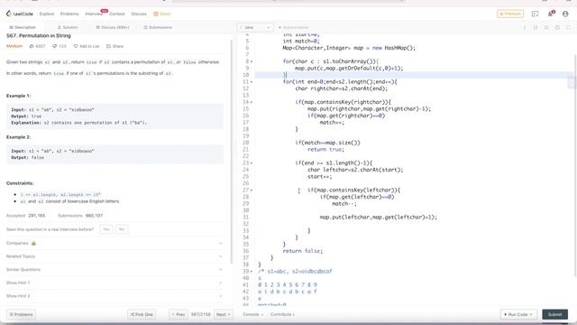 Sliding Window 6 - Medium - Permutations in a String - JAVA