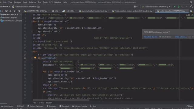 PYCHARM VECTOR CALCULATOR/ARTIFICIAL INTELLIGENCE