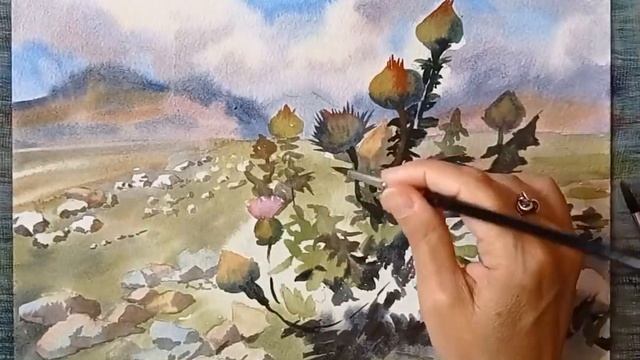 Рисуем летом. Этюд с колючкой. Акварель. смотреть онлайн