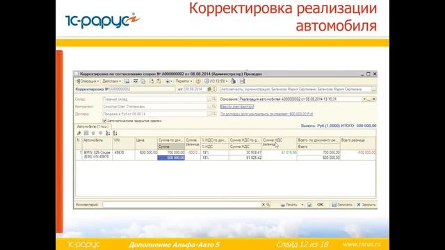 Учет корректировок реализации и поступления запчастей и автомобилей в программе "Альфа Авто"