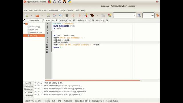 C++ programming using Geany