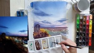 Как нарисовать ночной город акварелью #ночнойгород #акварелью