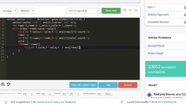 2.7 SPIRAL ORDER MATRIX II IN ARRAY(Arrays)-Interviewbit #arrays#programming#spiral#matrix