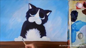 Быстрое рисование Живопись гуашью Рисуем Котика с ромашкой гуашью