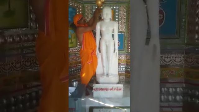 श्री गौतम गणधर स्वामी निर्वाणस्थल गुणावा जी विहार।गौतम स्वामी का अभिषेक करते हुये।