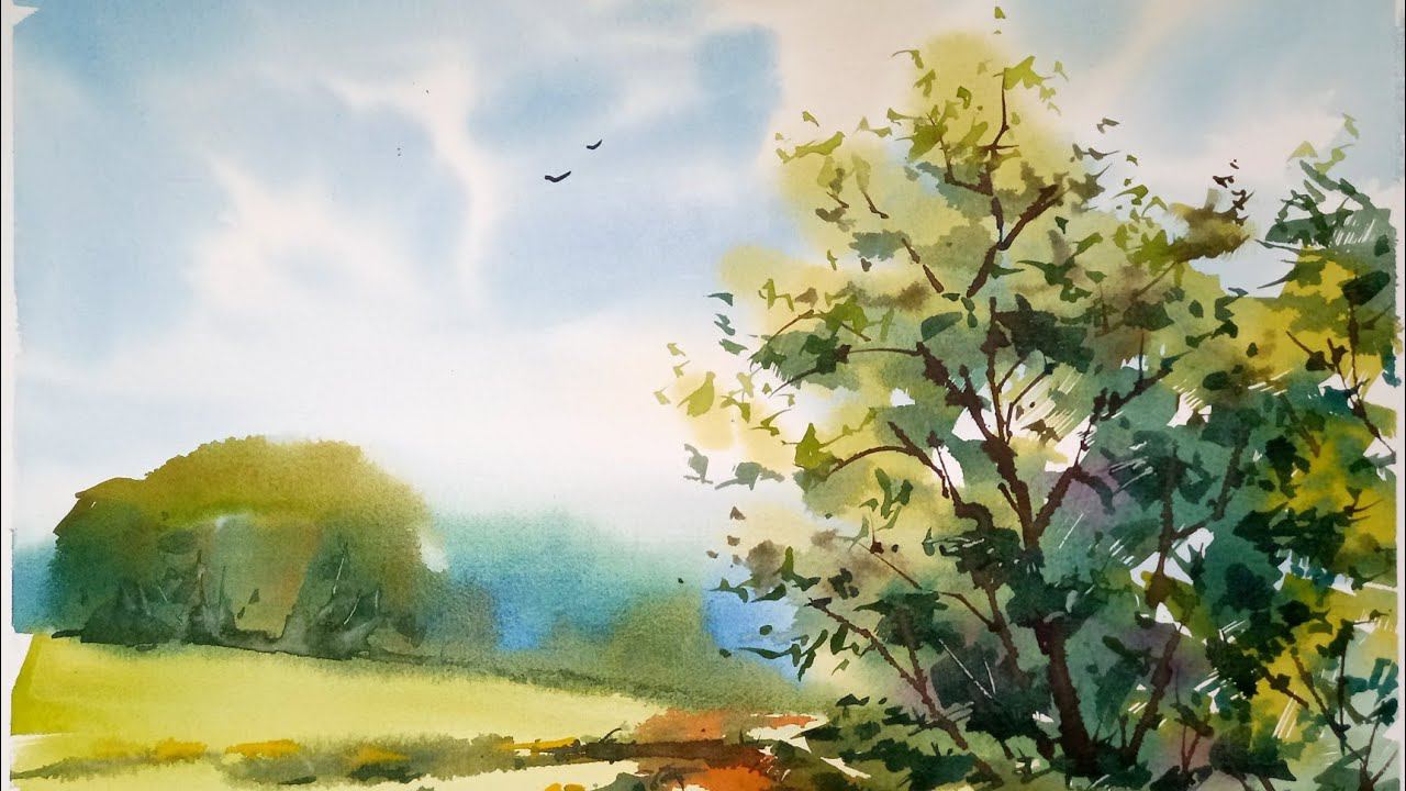 Для тренировки, простенький летний этюд акварелью, живой мастер-класс смотреть онлайн
