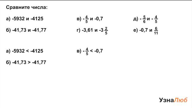 6 класс, Сравнение положительных и отрицательных чисел, Сравни числа смотреть онлайн