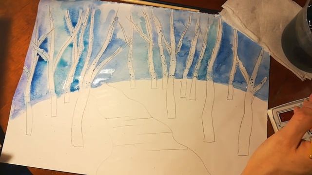 Берёзовая роща. 5 этап. Трава. Выполняем акварелью. смотреть онлайн