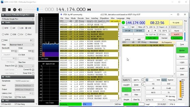 31.10.2021 08:20UTC, [Tropo, 2m], Активность в полосе FT8, любительский диапазон 2m, 144174кГц