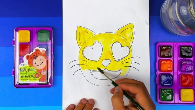 Как нарисовать КОШКУ Смайлик красками для детей смотреть онлайн