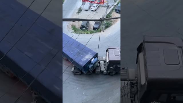 Heavy truck encounters a sharp turn.